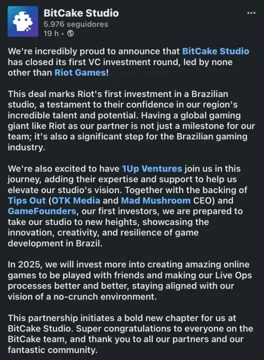 Riot Games investe no estúdio brasileiro BitCake Studio