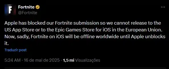 Fortnite segue fora da App Store